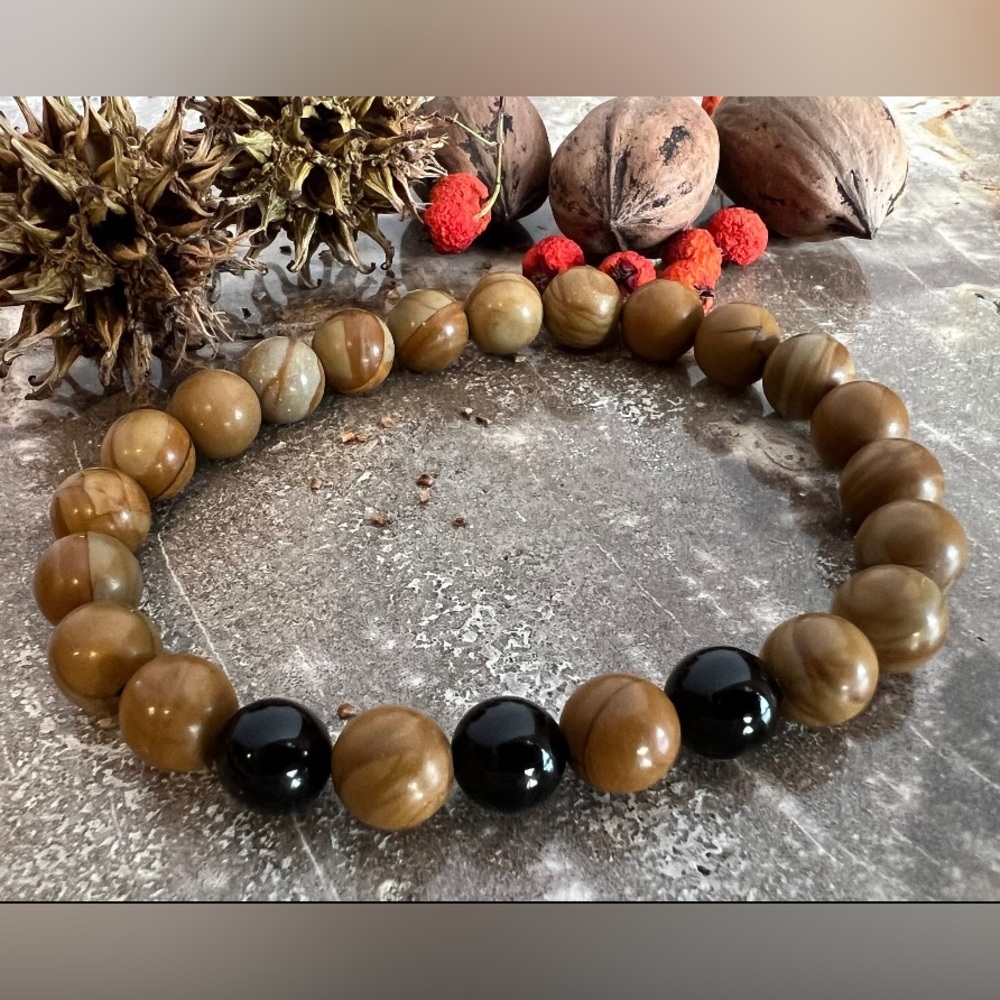 Men Petrified Wood Bracelet Black Onyx Natural Gemstone Stretch Beaded 8 mm 19cm